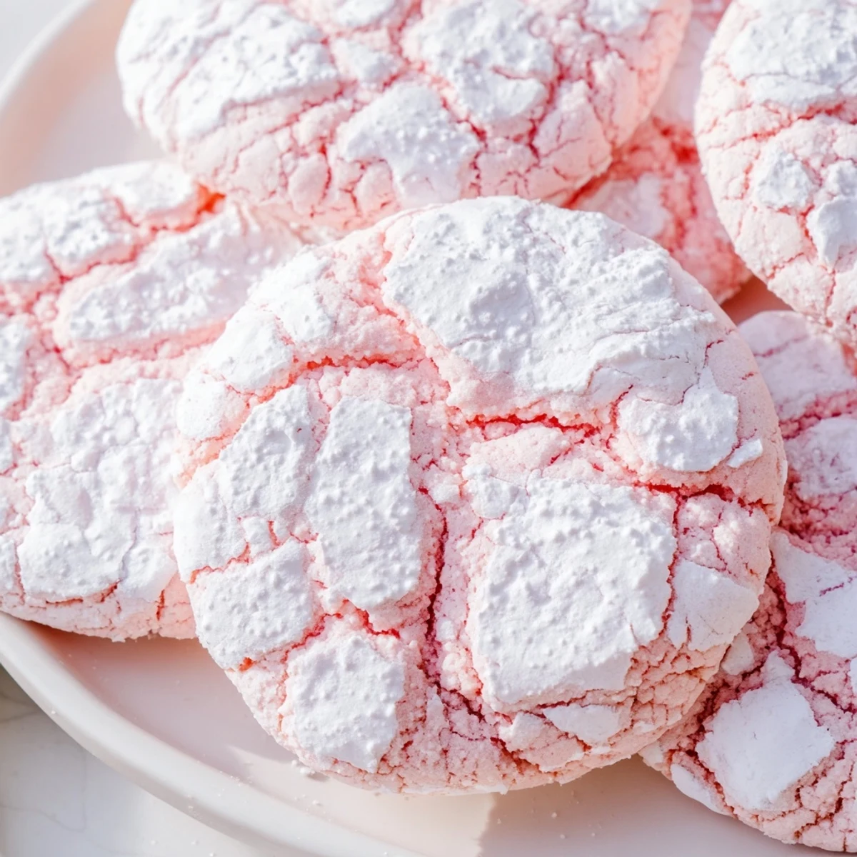 Chewy pastel crinkle cookies showing delicate crackled tops dusted with snowy powdered sugar