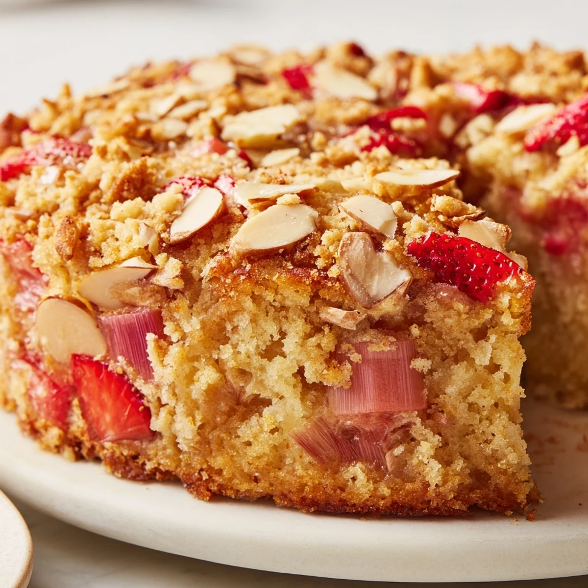 Golden Ultimate Spring Baking Treat topped with crunchy almond streusel and juicy strawberries
