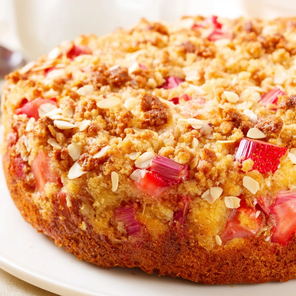 Tender lemon Ultimate Spring Baking Treat layered with tangy rhubarb and buttery crumbs