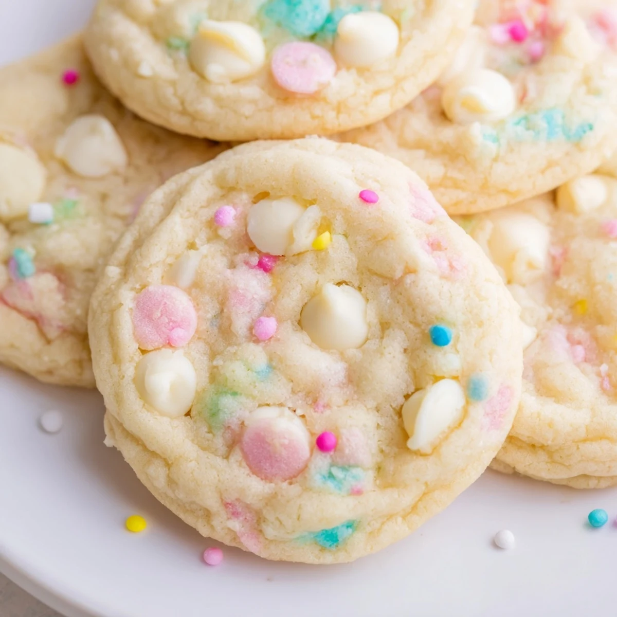 Soft pastel white chocolate cookies with creamy chips and colorful sprinkles on rustic baking sheet