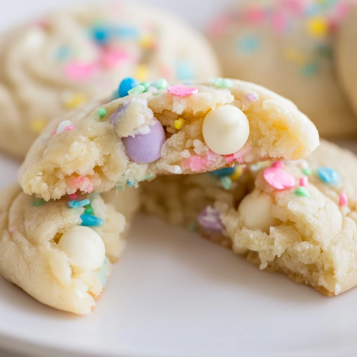 Chewy pastel white chocolate cookies topped with melted chips and Easter-themed candy sprinkles