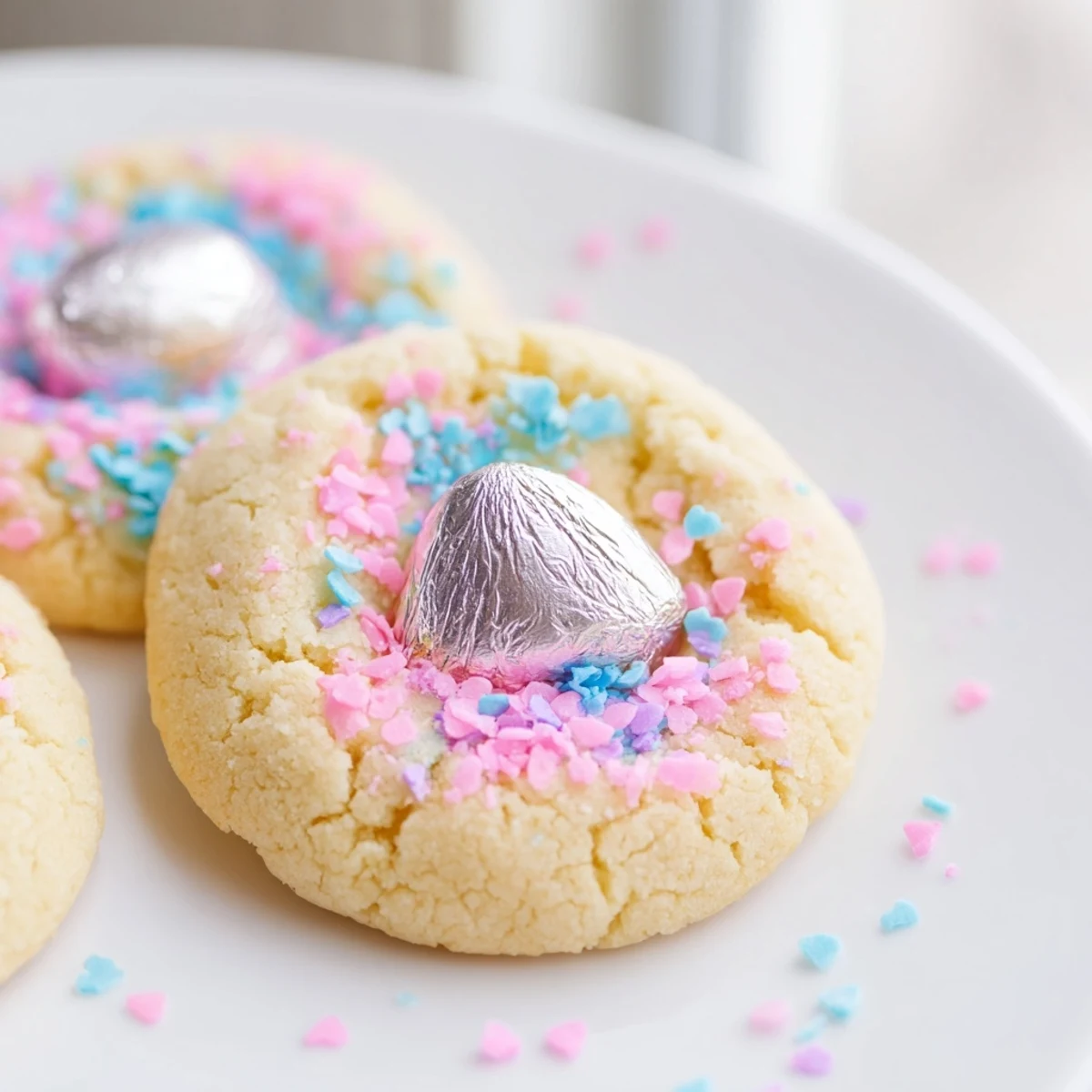 Soft Easter Blossom Cookies topped with melty chocolate kisses and colorful pastel sprinkles