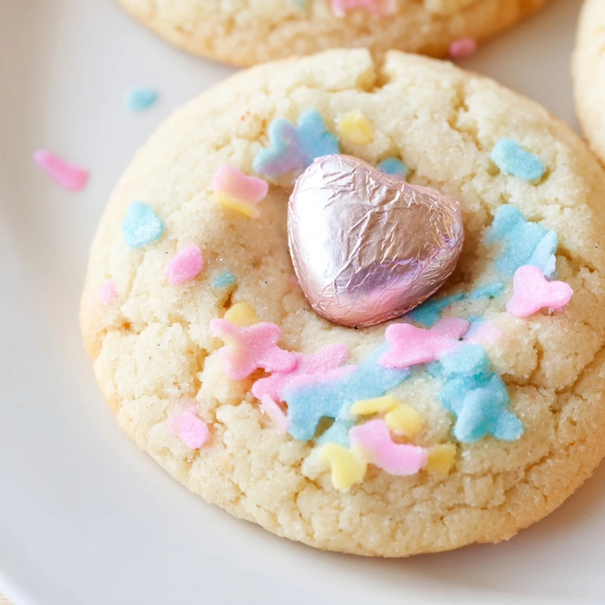 Golden buttery Easter Blossom Cookies crowned with chocolate kisses on a rustic baking sheet