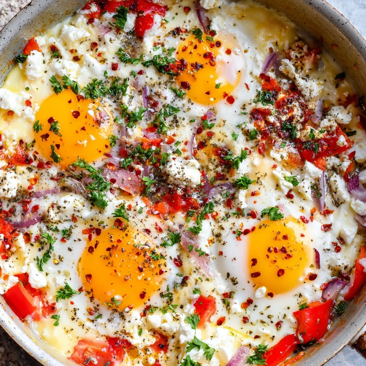 Creamy baked feta eggs with vibrant tomatoes and herbs in a rustic skillet