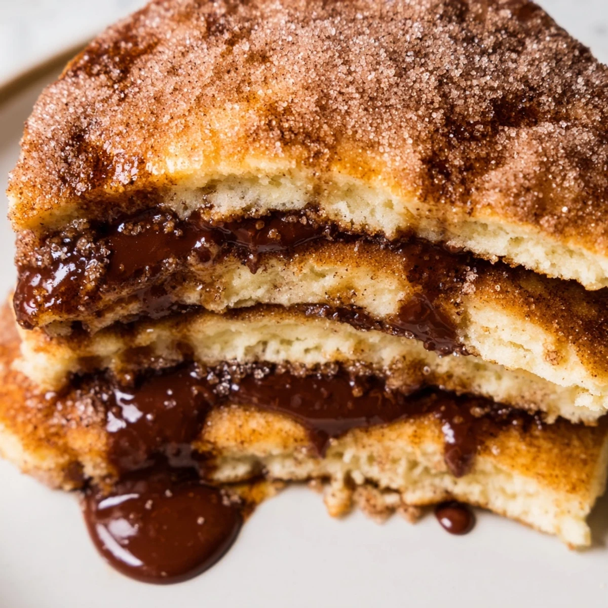 Fluffy Spanish Churro Pancakes stacked high with rich chocolate sauce drizzled on top