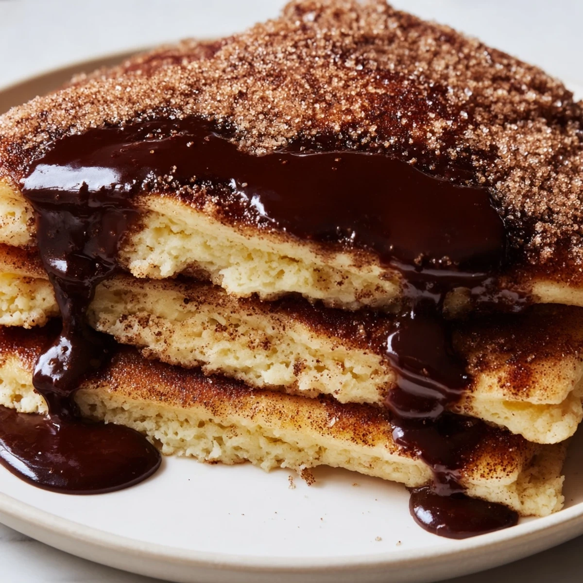 Golden Spanish Churro Pancakes coated in sweet cinnamon sugar ready for chocolate dipping