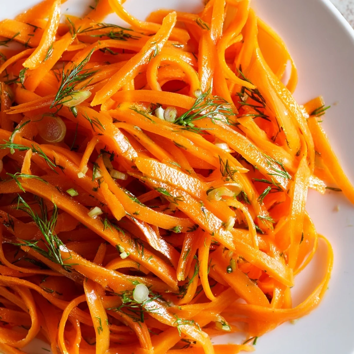 Marinated Lemon Dill Carrot Salad glistening with zesty dressing and fresh green herbs