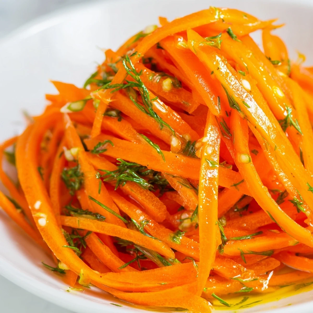 Crisp julienned carrots tossed in bright lemon dill marinade in a serving bowl