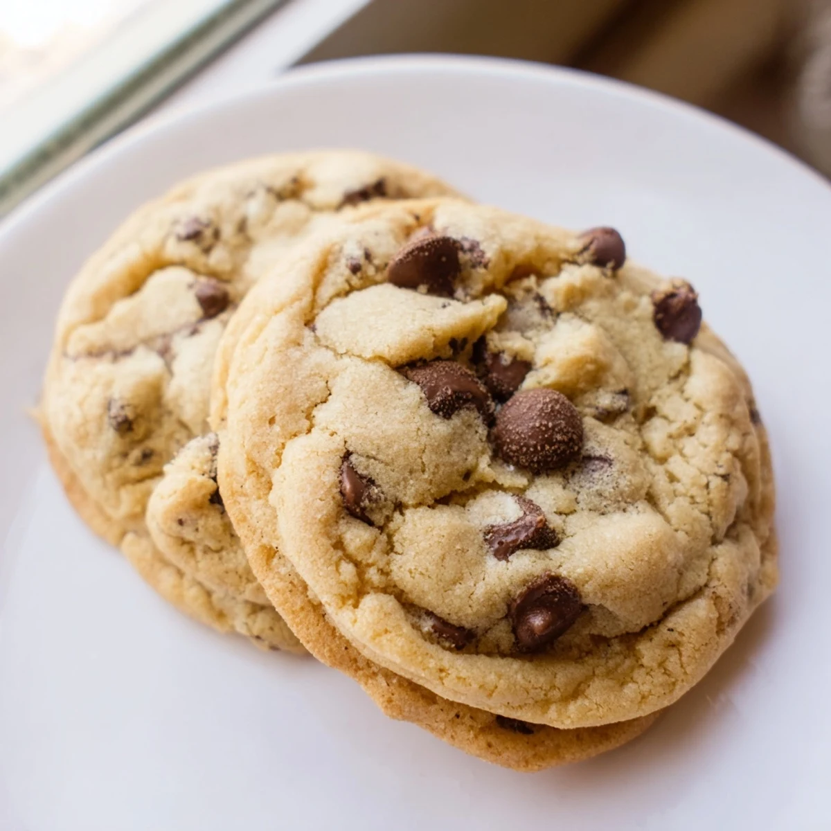 Golden nut free chocolate chip cookies with melted chocolate chips stacked on a cooling rack
