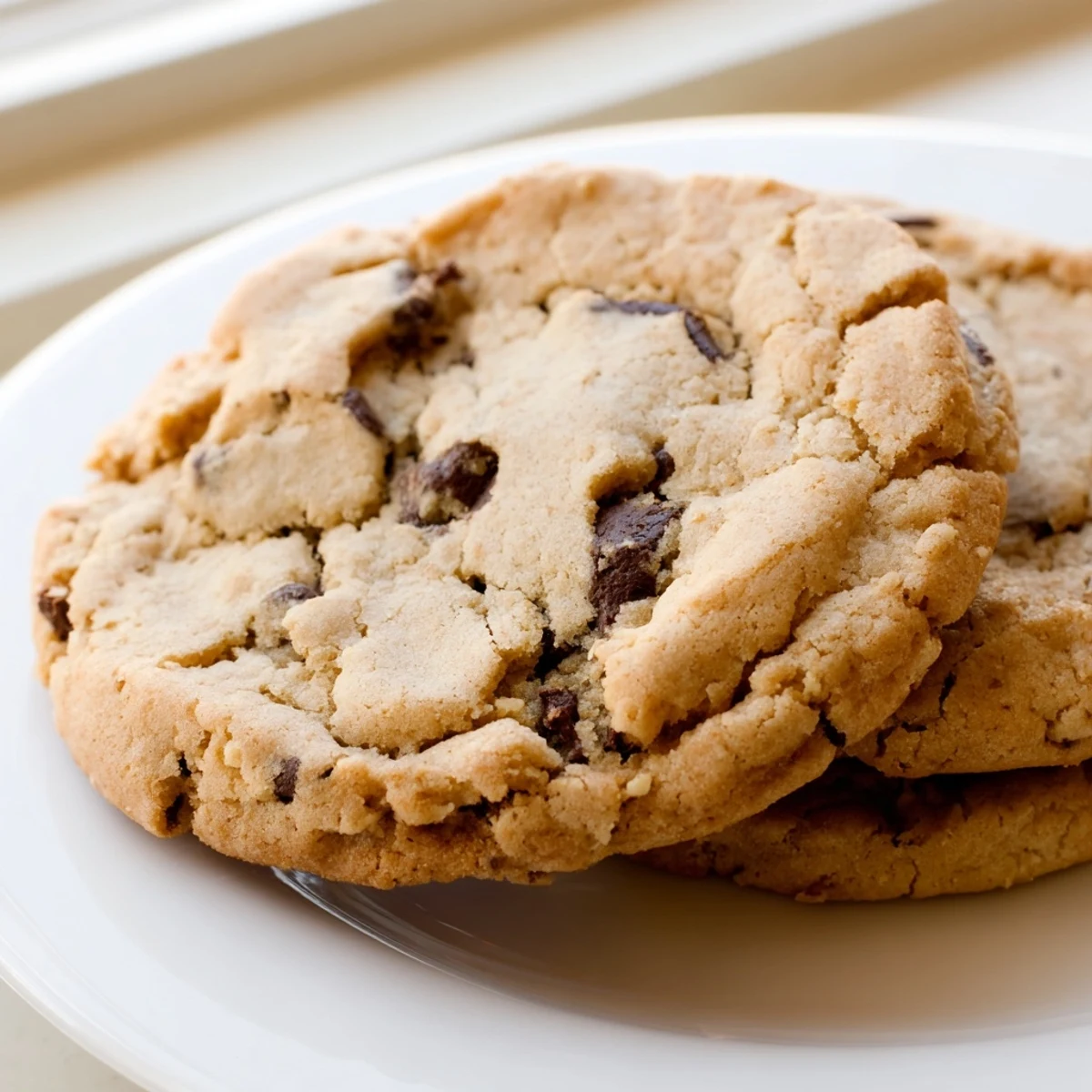 Soft chewy nut free chocolate chip cookies fresh from the oven with crispy edges