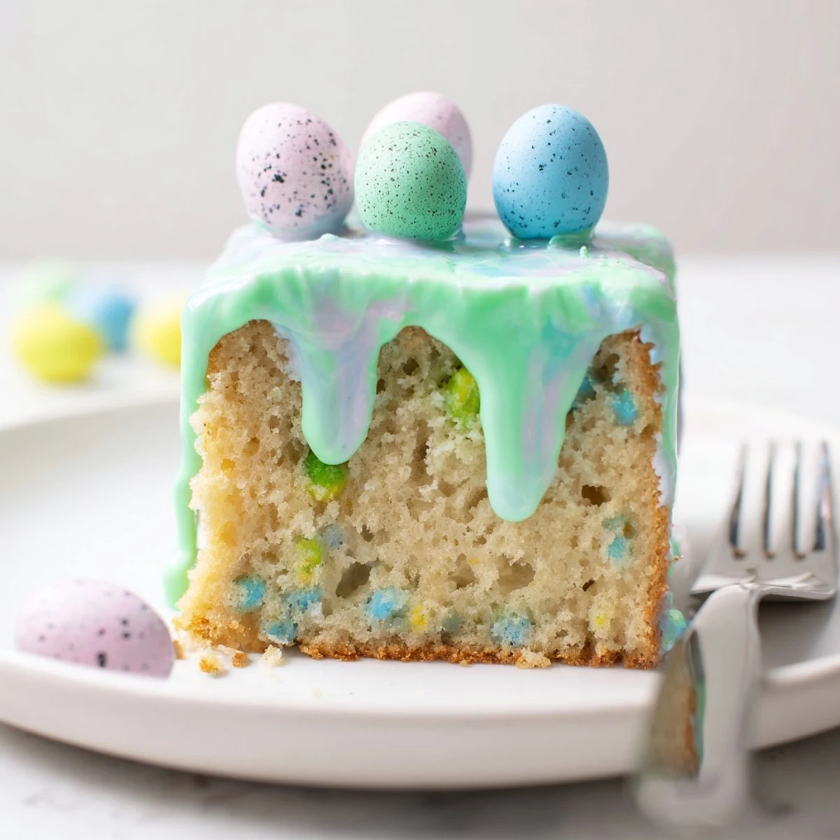 Robin Egg Snack Cake with pastel glaze and candy-coated chocolate eggs scattered on top