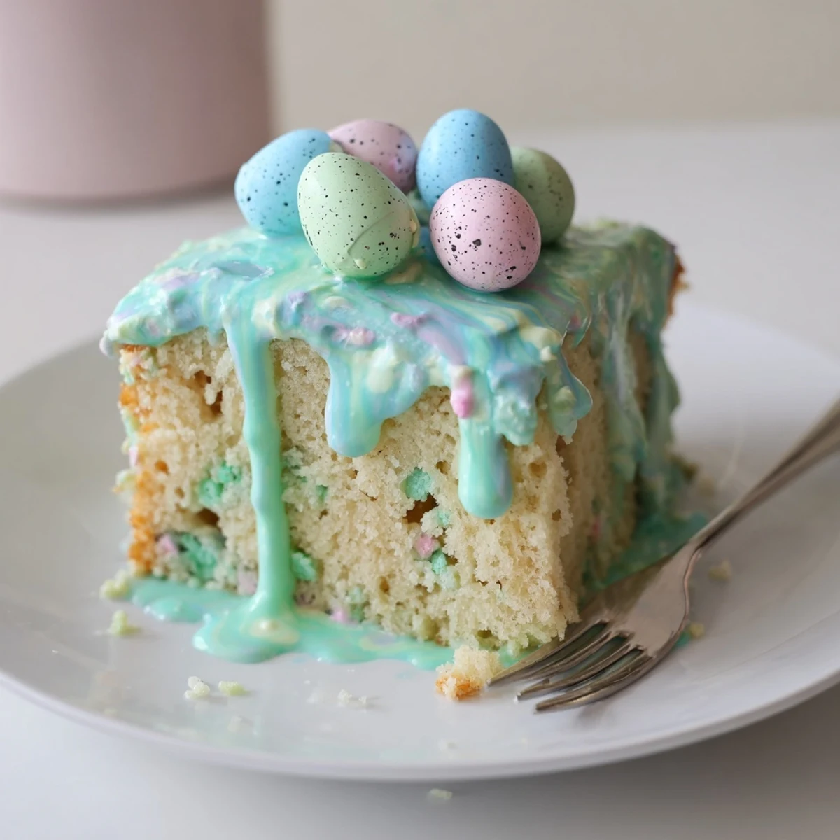 Tender vanilla Robin Egg Snack Cake slice showing moist crumb studded with colorful malted candies