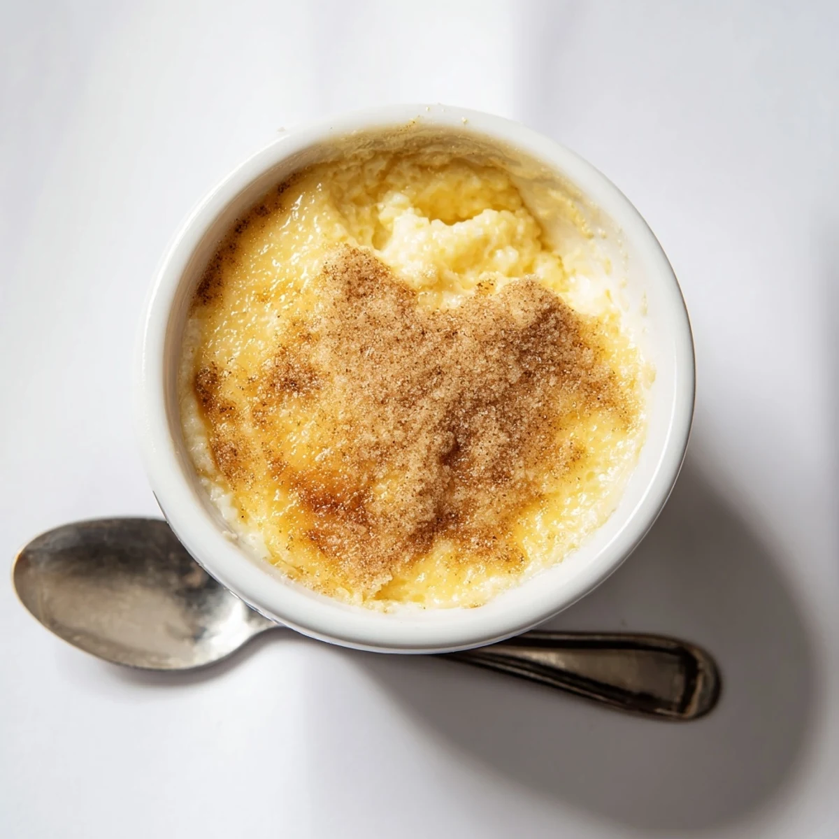 Silky Portuguese rice custard swirled into serving dishes with warm cinnamon sugar dusting