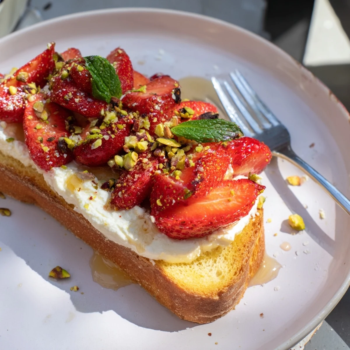 Golden sourdough slice topped with fluffy whipped ricotta and glossy roasted strawberries for brunch