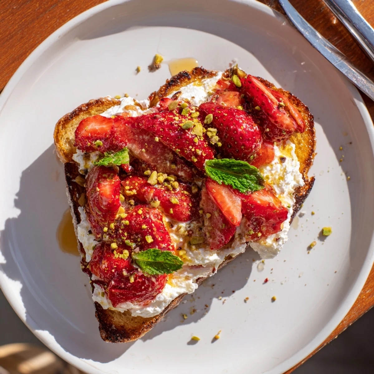 Creamy lemon-zest whipped ricotta spread on crispy toast with ruby-red roasted strawberries and honey drizzle