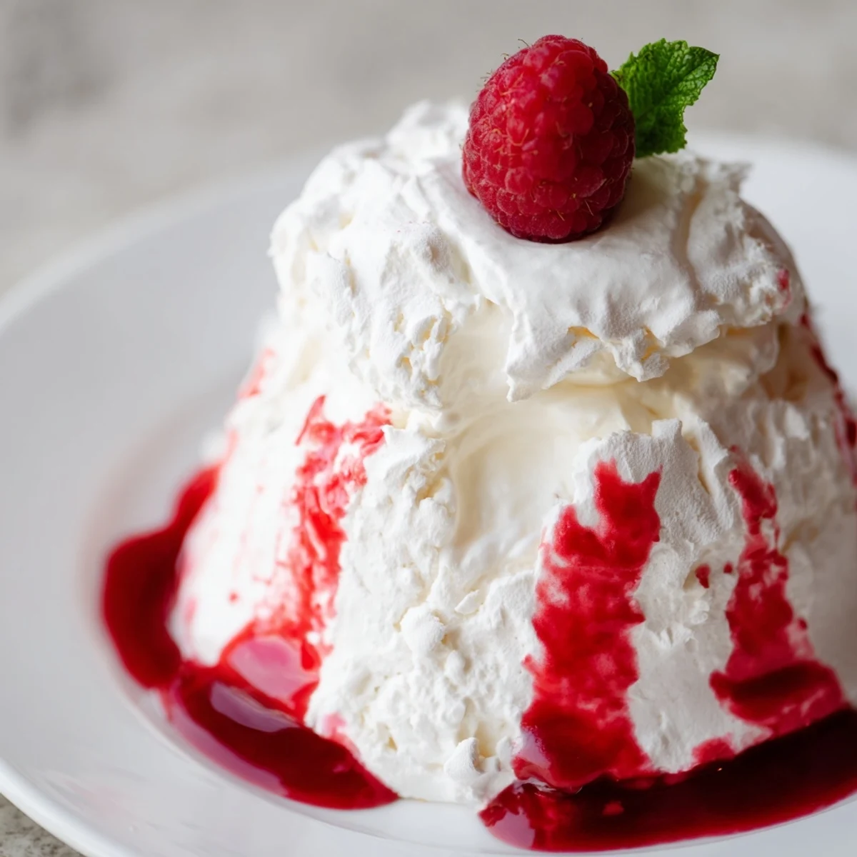 Crispy Pavlova Bombs With Raspberry Coulis topped with fluffy whipped cream and fresh berries