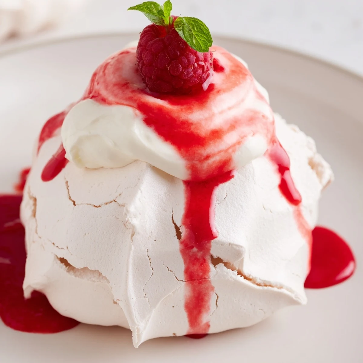 Golden meringue Pavlova Bombs With Raspberry Coulis dripping over clouds of sweetened vanilla cream