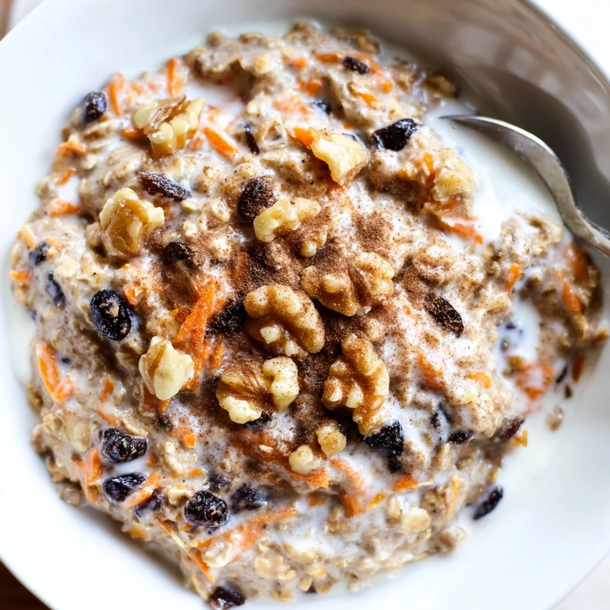 Creamy carrot cake overnight oats in a mason jar topped with crunchy walnuts and raisins