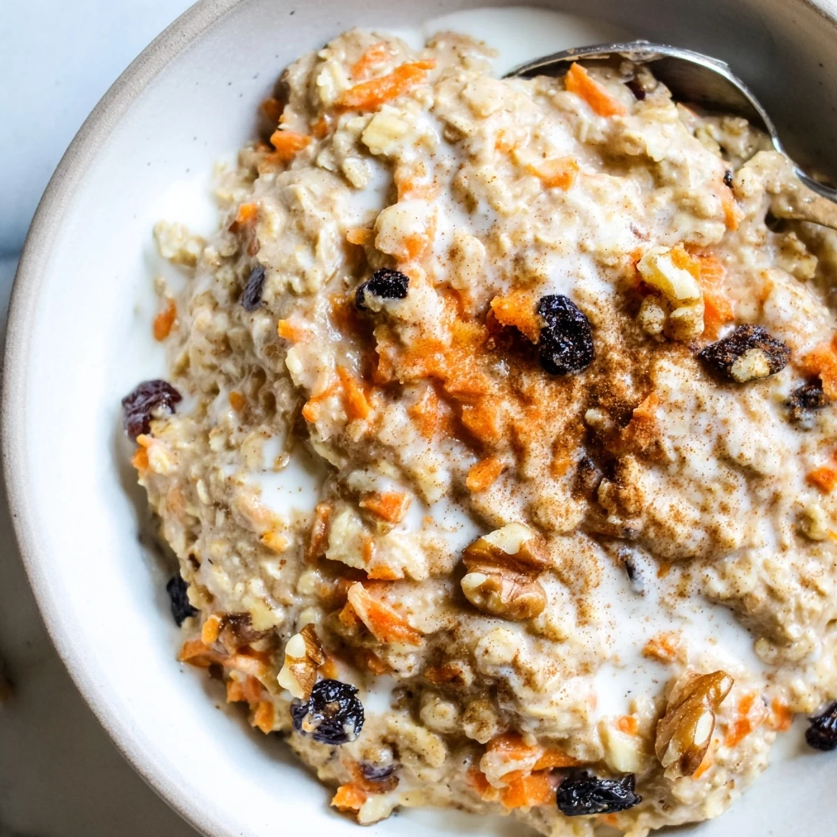 Golden spiced carrot cake overnight oats served chilled with a dollop of Greek yogurt