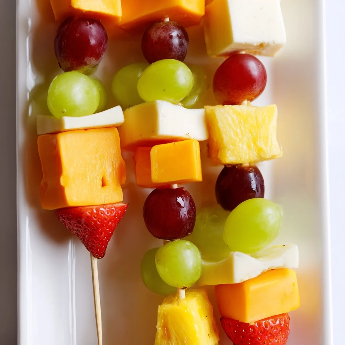 Juicy grapes strawberries and cheddar cubes threaded onto wooden skewers for parties