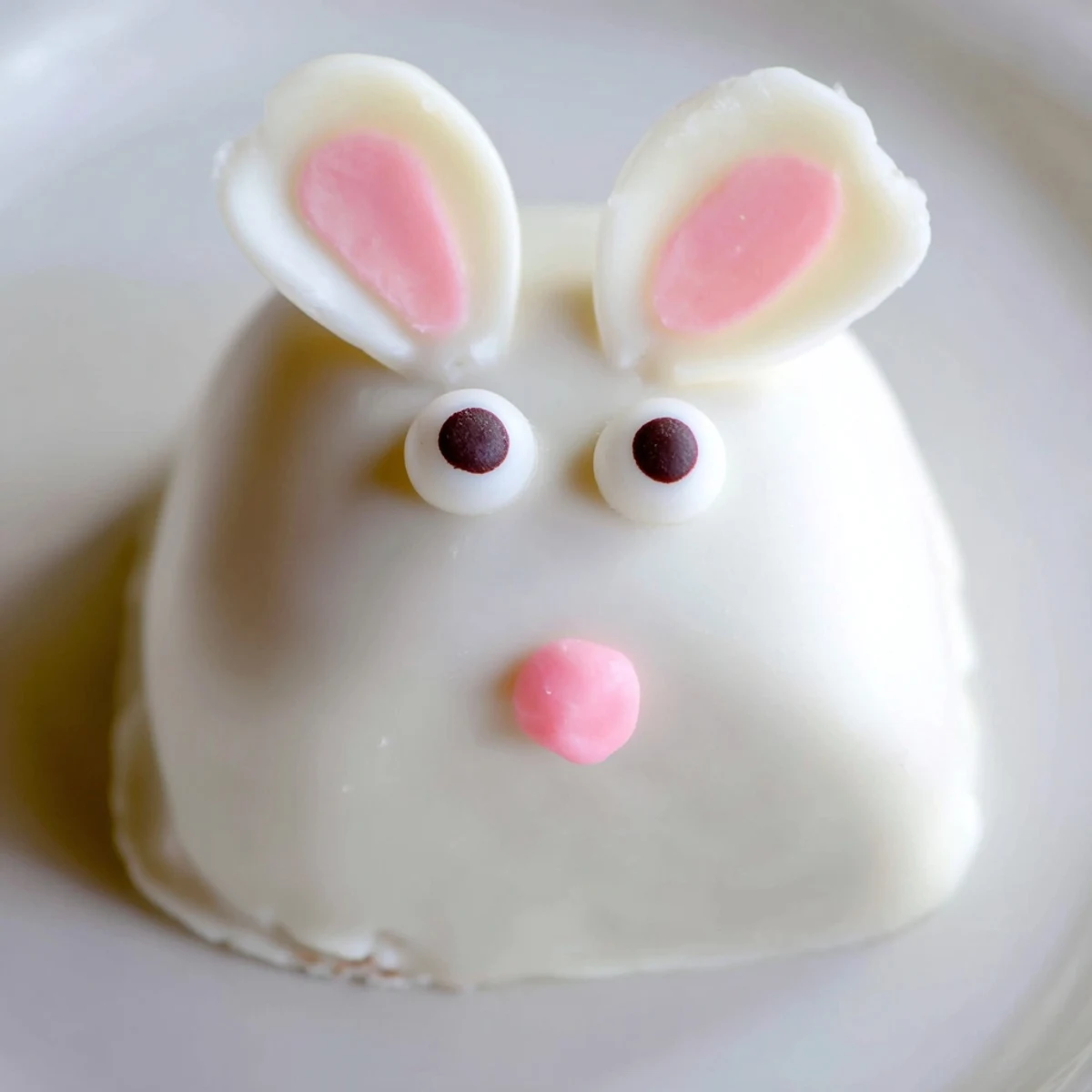 Adorable white chocolate bunny cakesicles with candy eyes and pink ears on sticks