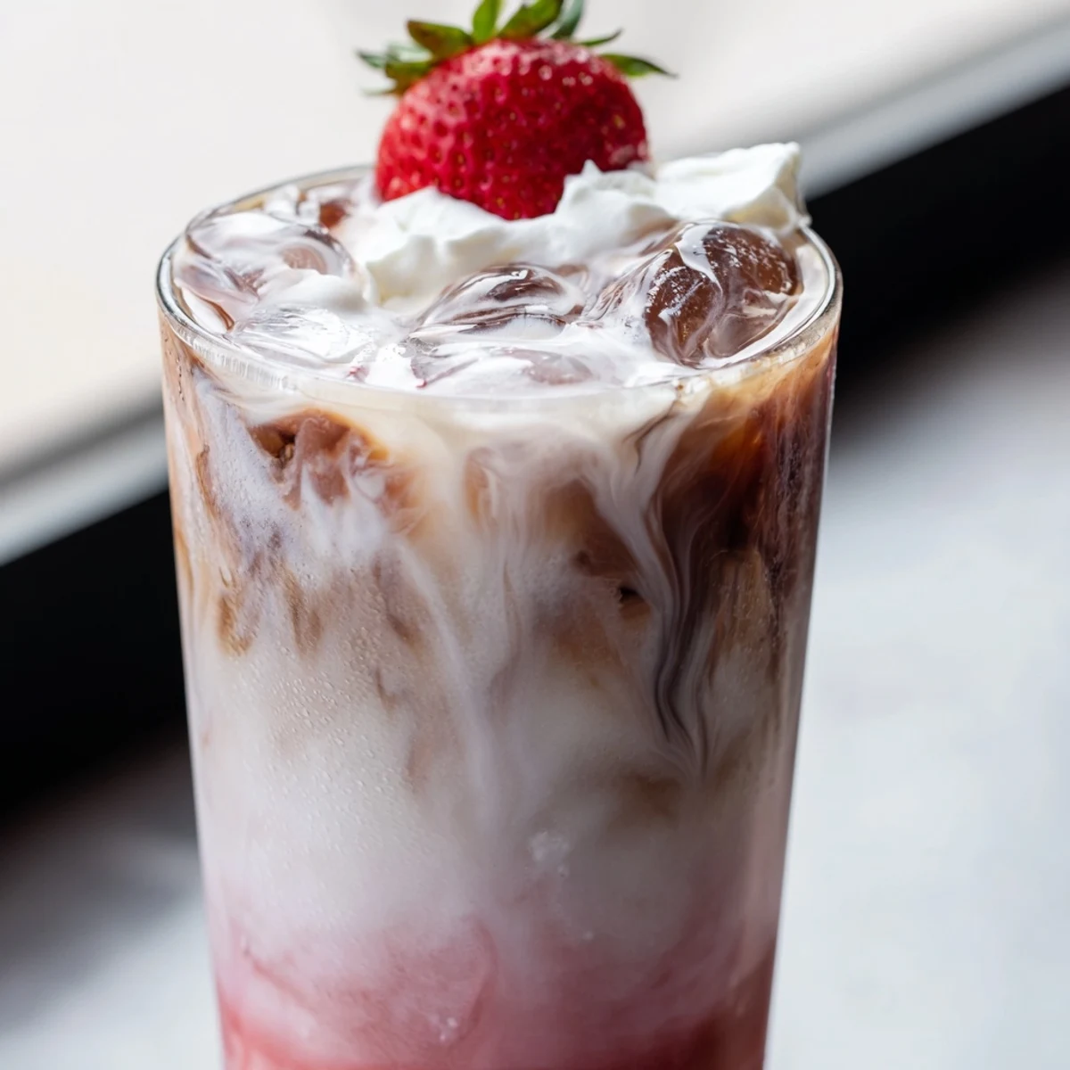 Creamy strawberry cold latte in a tall glass with swirled pink layers and ice