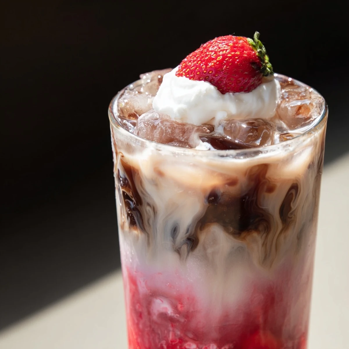 Strawberry cream cold latte topped with fluffy whipped cream and fresh berry garnish