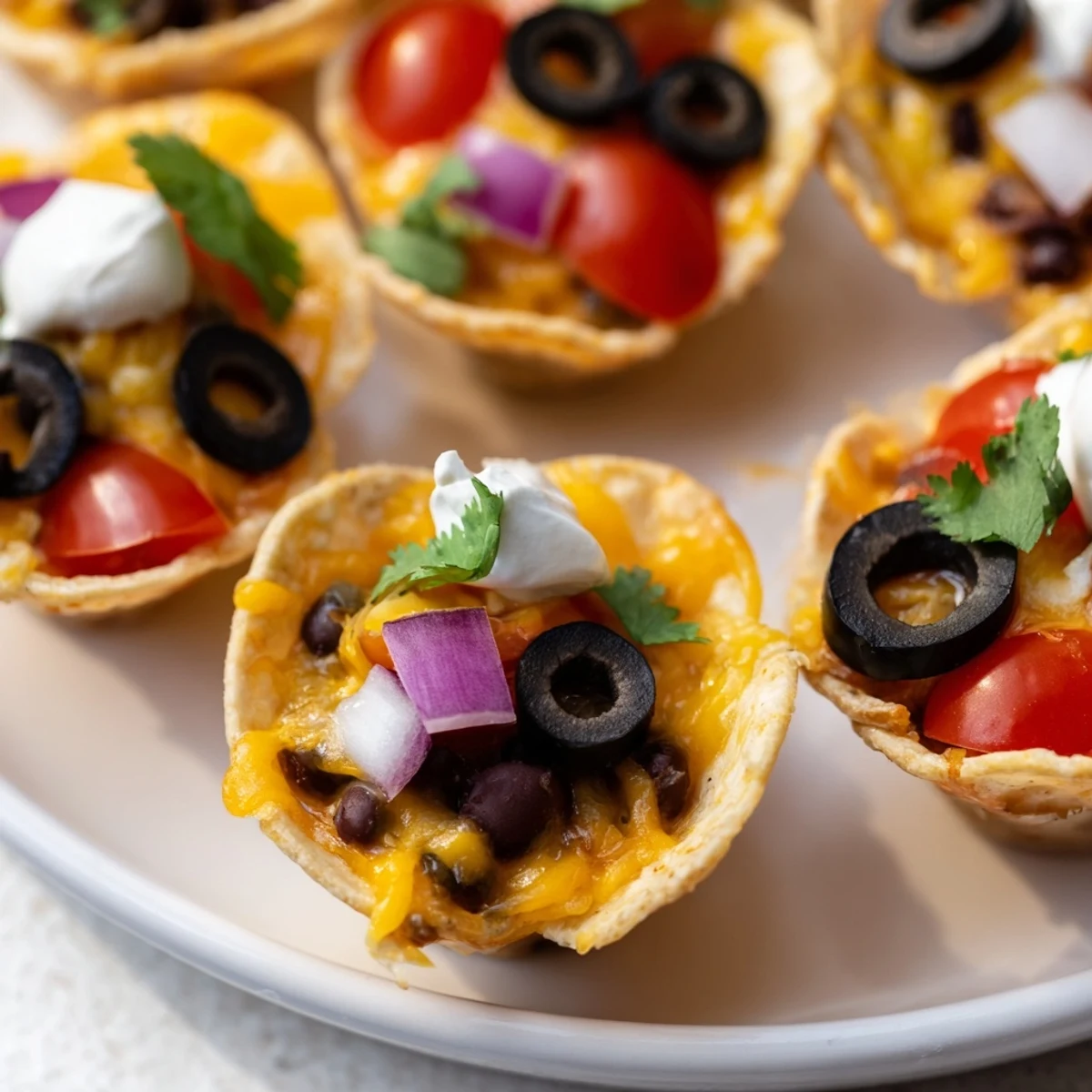 Golden cheesy nacho cups bubbling with melted cheddar and colorful fresh toppings in muffin tin
