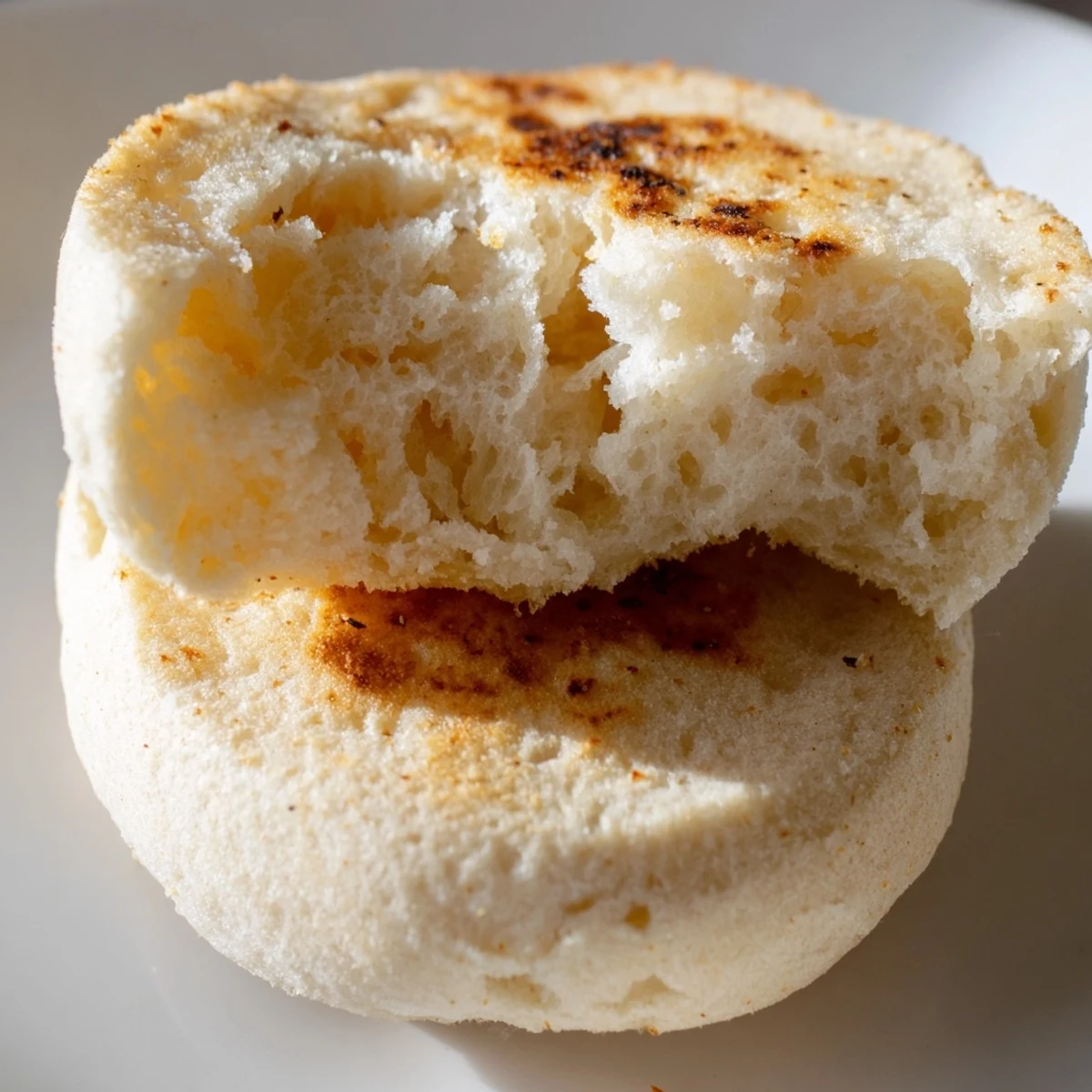 Golden brown homemade English muffins cooling on a wire rack with cornmeal dusted tops