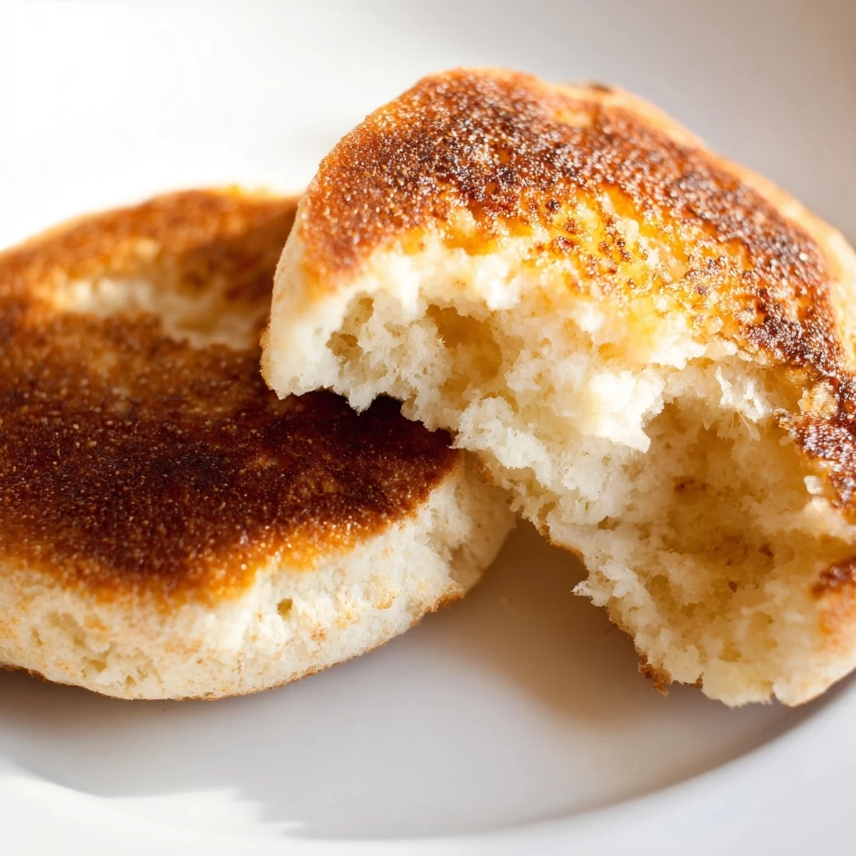 Split homemade English muffins revealing nooks and crannies ready for butter and jam