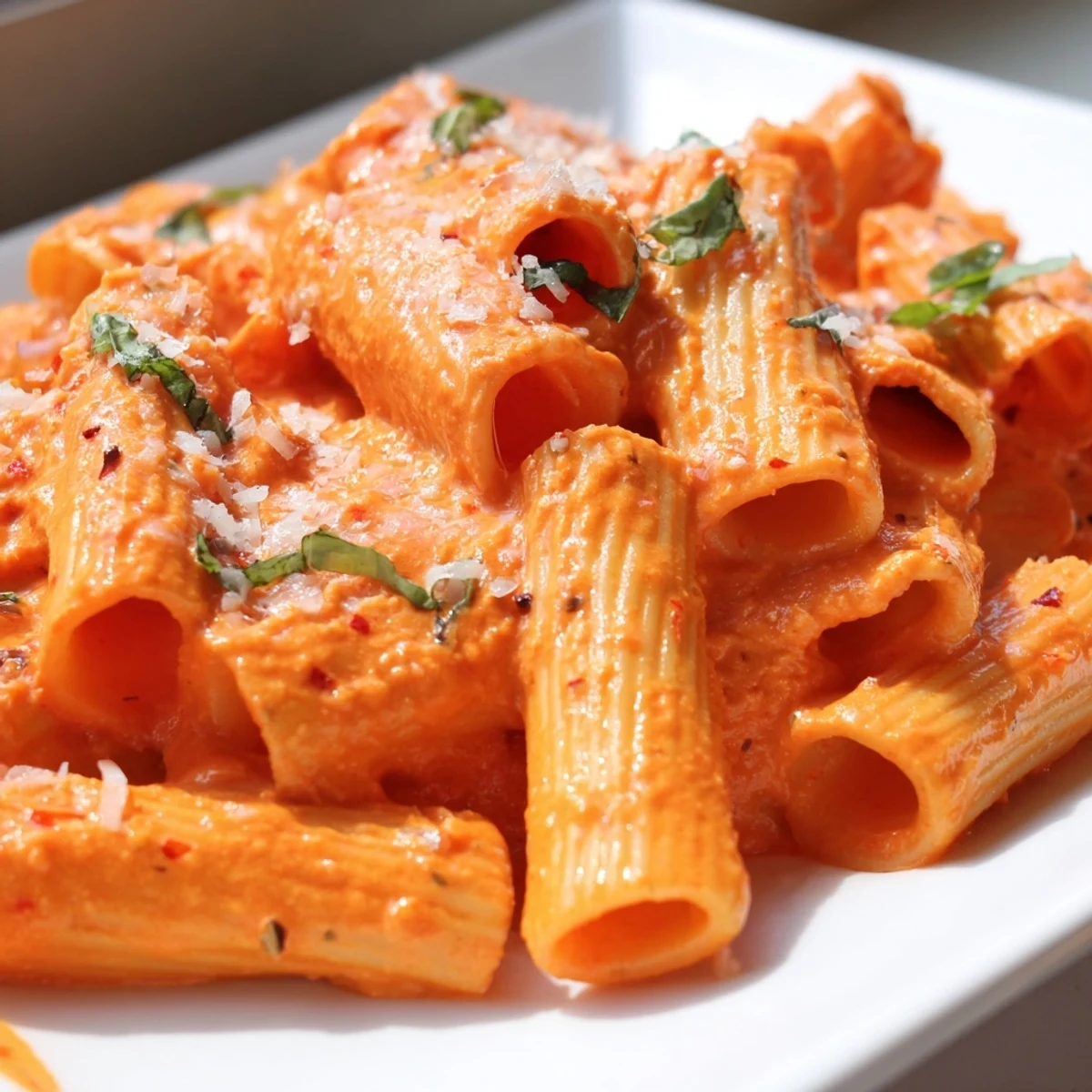Creamy roasted red pepper pasta topped with fresh basil and parmesan cheese
