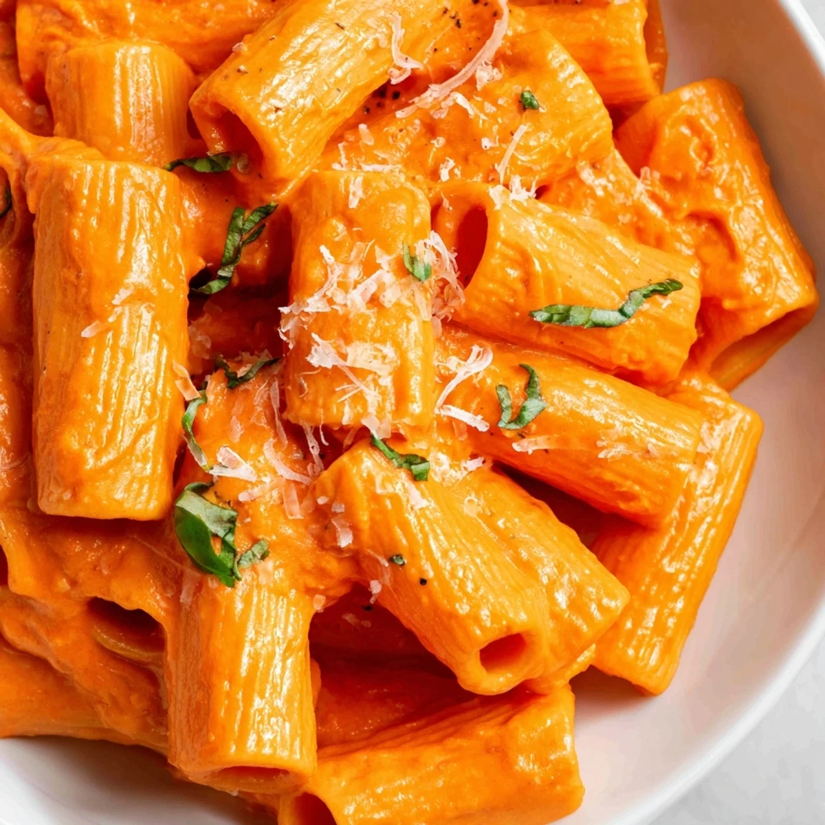 Vibrant red pepper pasta in a smooth, creamy sauce served in a white bowl