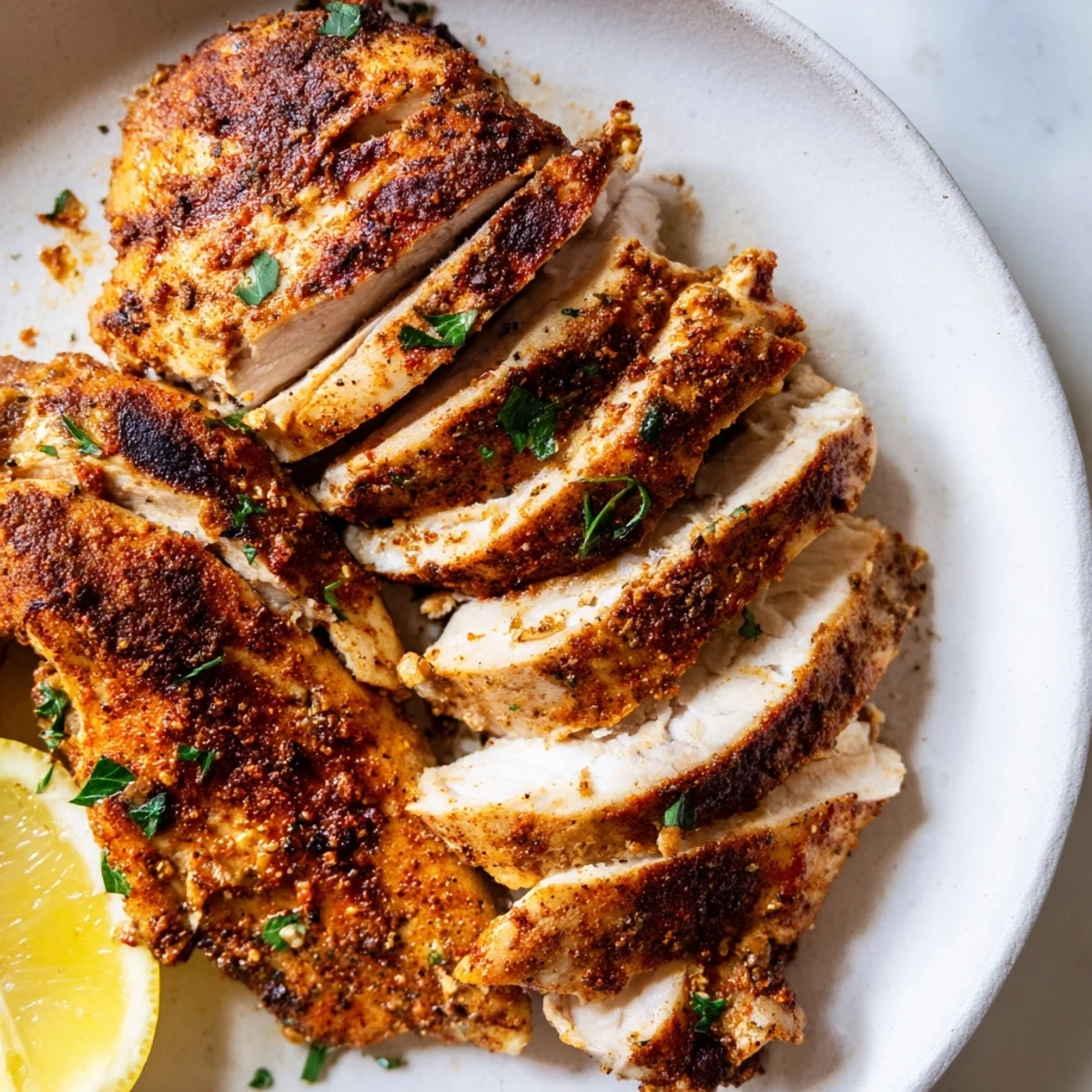 Tender Greek yogurt marinated chicken with golden grill marks and fresh parsley garnish