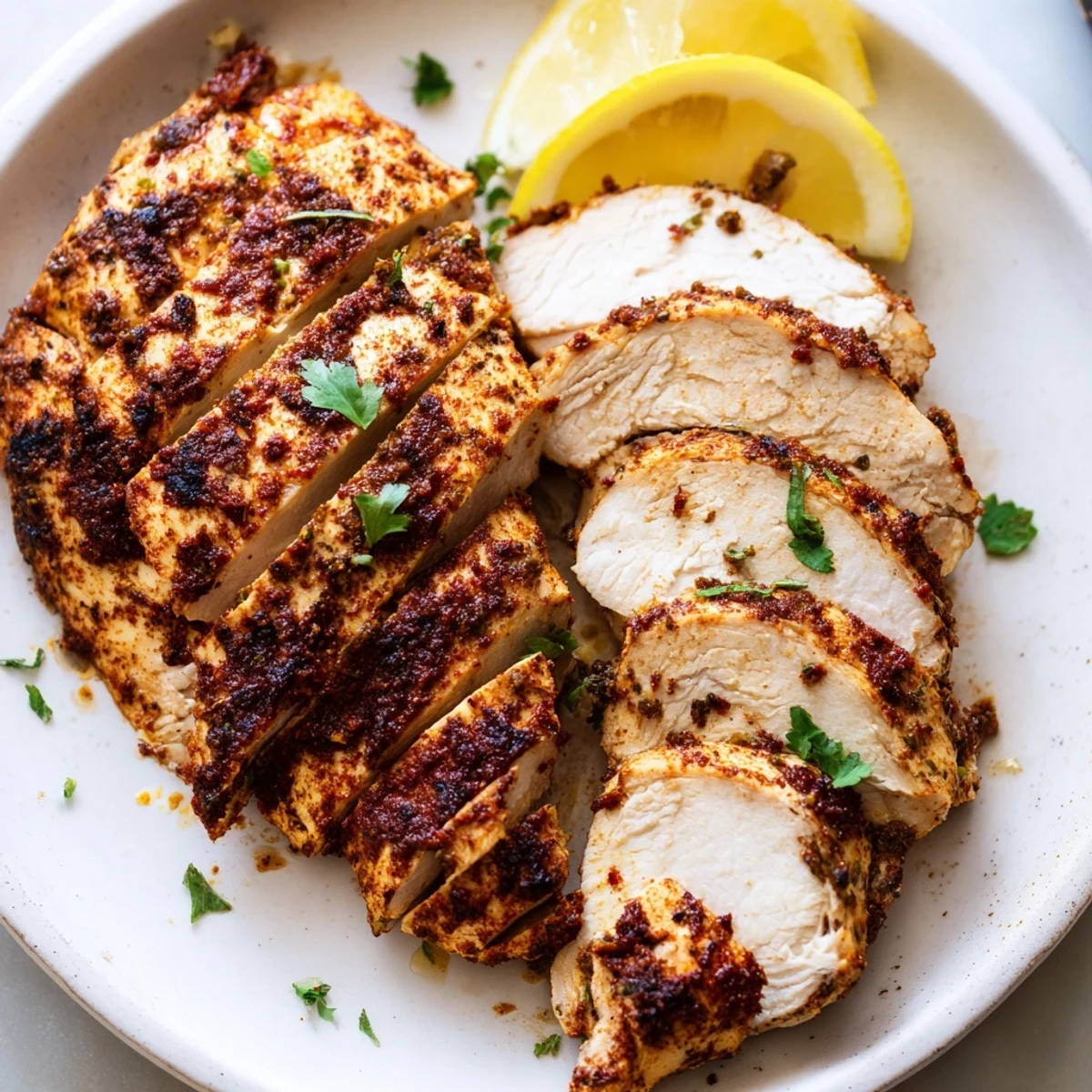 Juicy Greek yogurt marinated chicken sliced on a white plate with lemon wedges