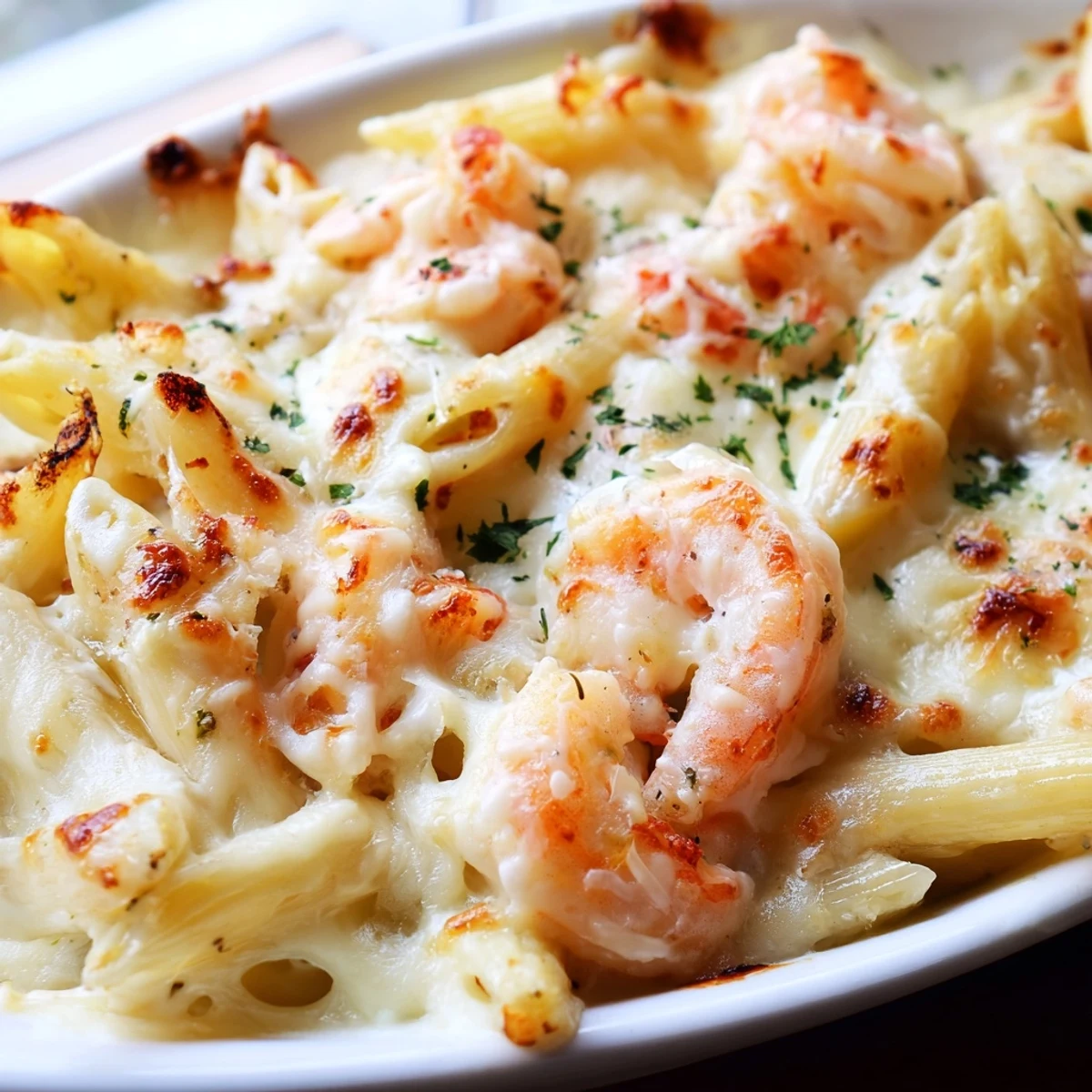 Golden bubbling Shrimp Scampi Pasta Bake topped with melted mozzarella and fresh parsley garnish
