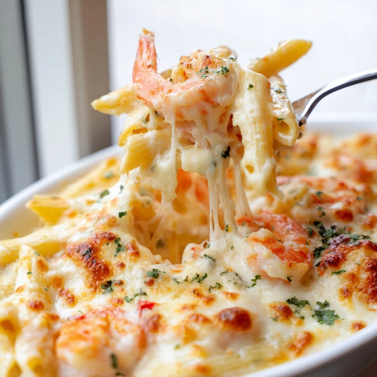 Creamy Shrimp Scampi Pasta Bake in a white baking dish with golden cheesy crust