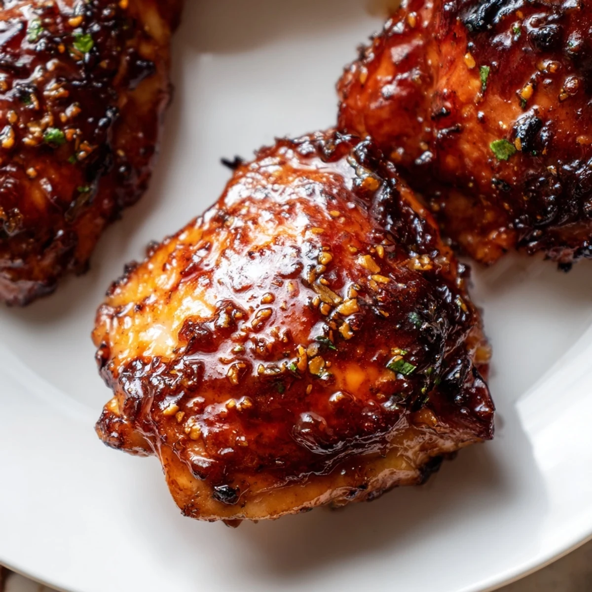 Golden brown savory glazed chicken thighs served alongside fluffy herb rice and roasted potatoes
