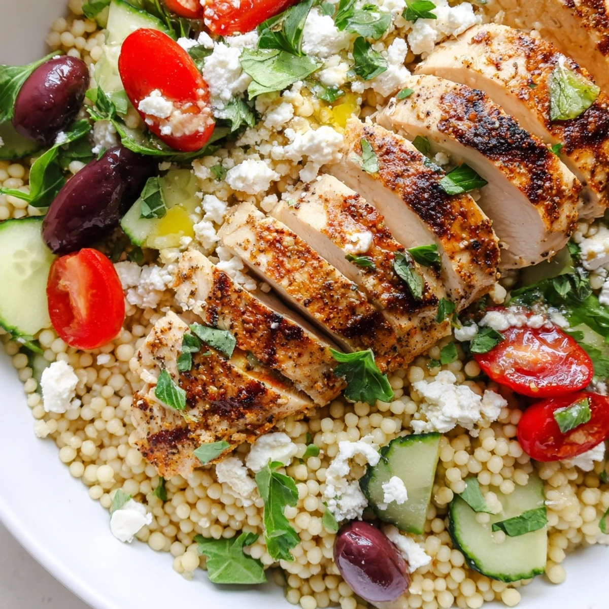 Golden Mediterranean chicken couscous bowl topped with fresh vegetables and creamy tahini drizzle