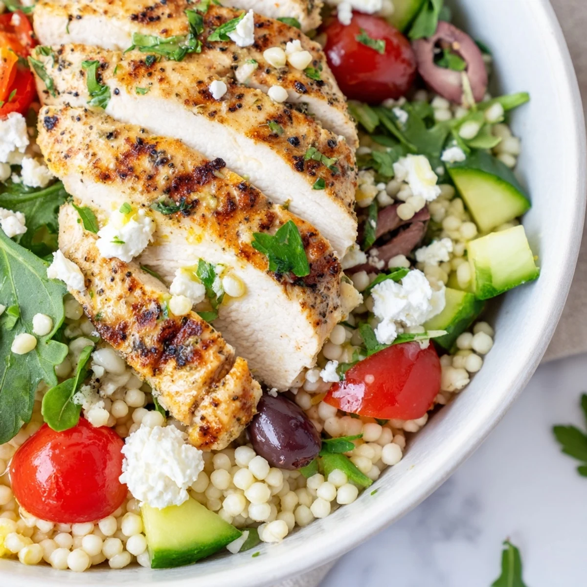 Fluffy couscous paired with spiced chicken cherry tomatoes olives and vibrant Mediterranean garnishes
