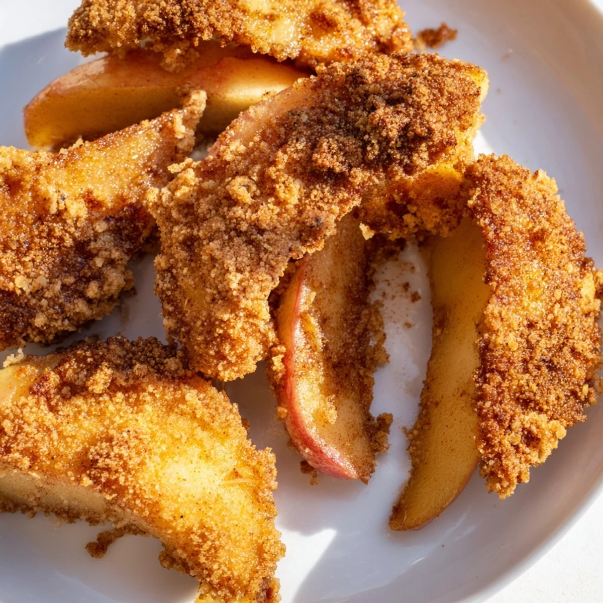 Crispy air fryer apples with golden cinnamon-sugar coating served warm in a rustic white bowl.