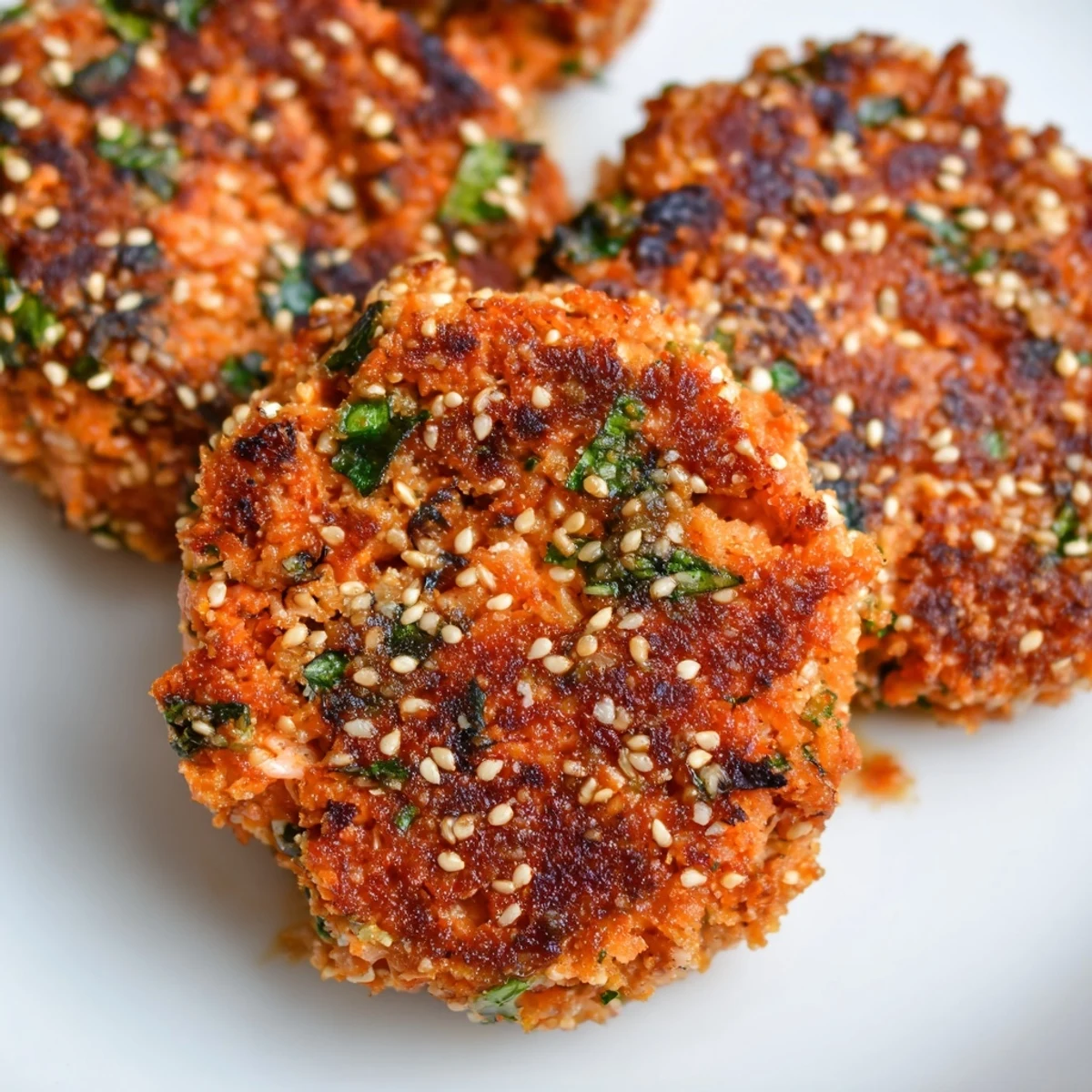 Crispy golden Harissa Sesame Salmon Patties sizzling in a skillet with toasted sesame seeds