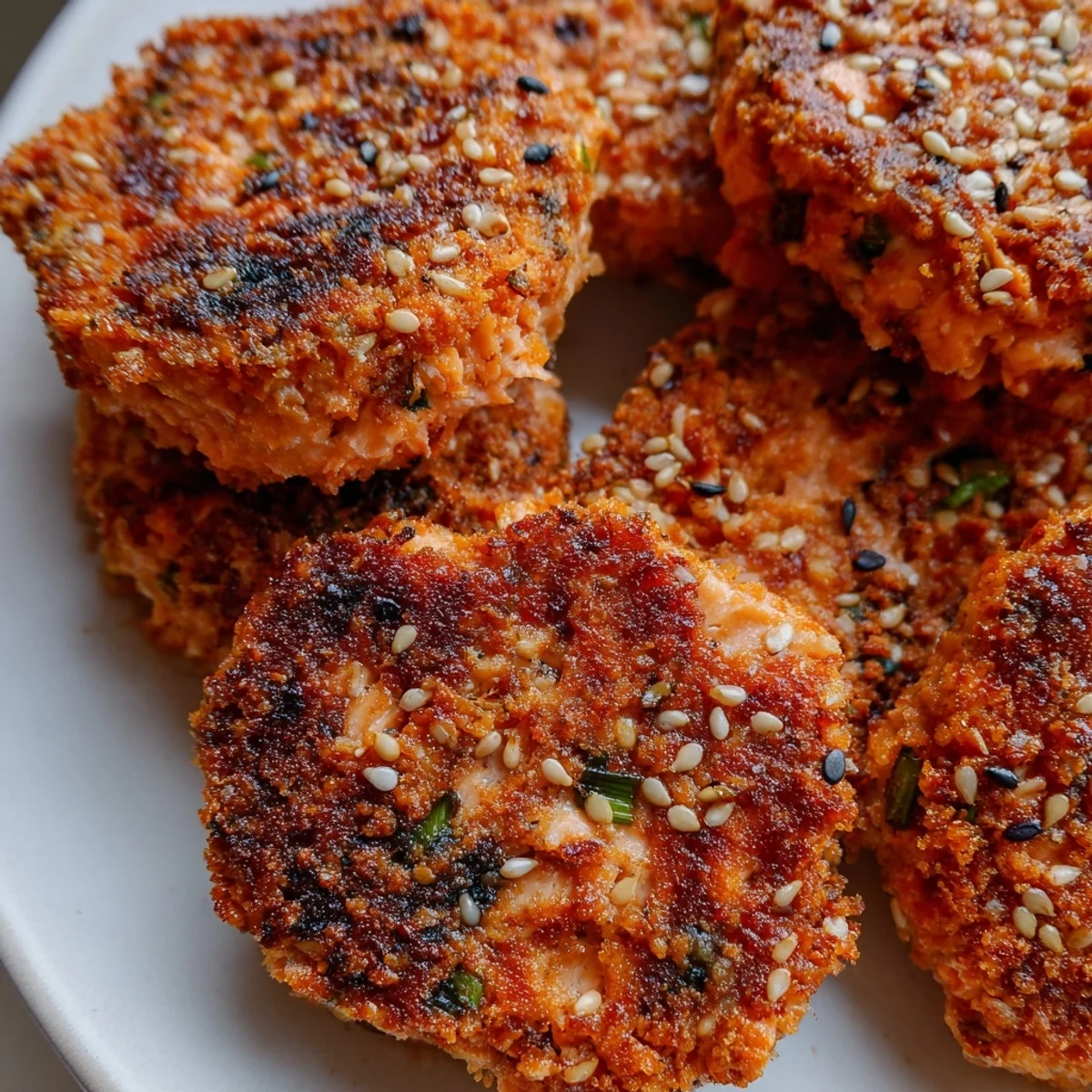 Spicy Harissa Sesame Salmon Patties served on a white plate with fresh cilantro garnish