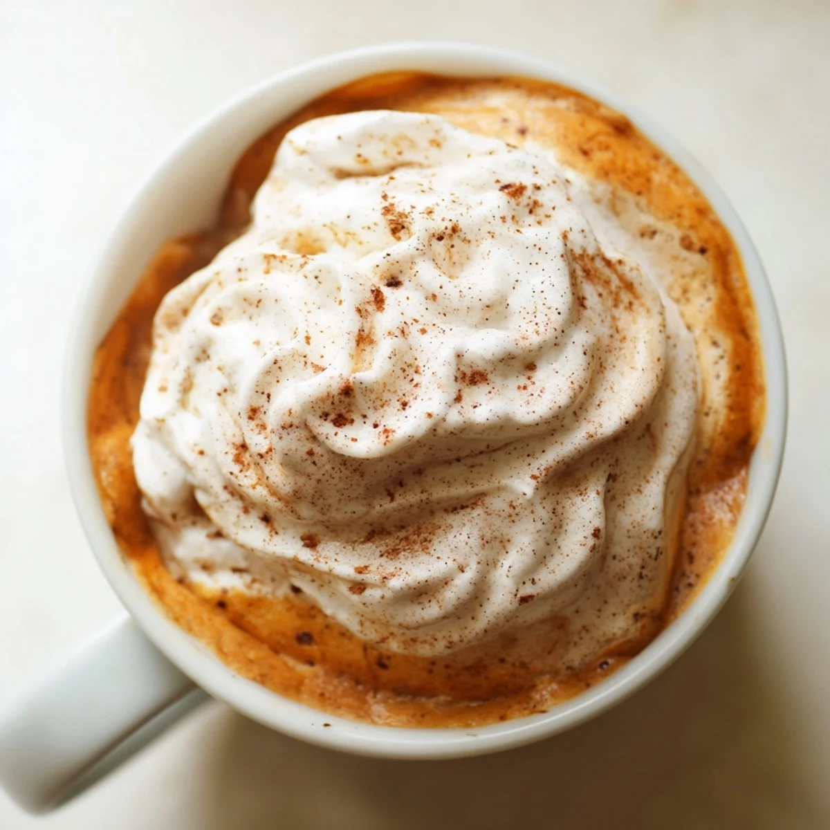 Warm homemade pumpkin spice latte topped with whipped cream and cinnamon dusting