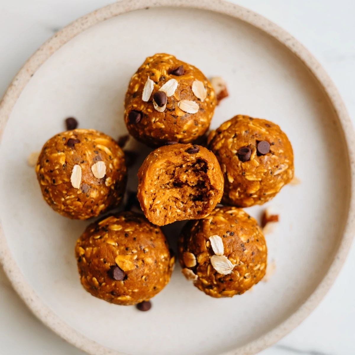 Golden no bake pumpkin protein balls rolled in oats on a rustic parchment-lined tray