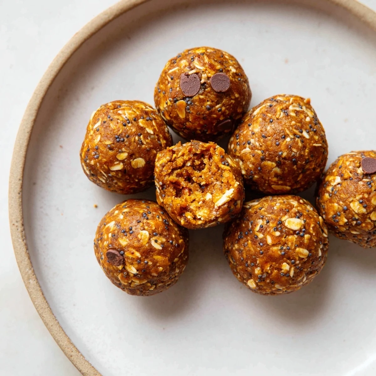 Creamy no bake pumpkin protein balls arranged on a plate for healthy fall snacking