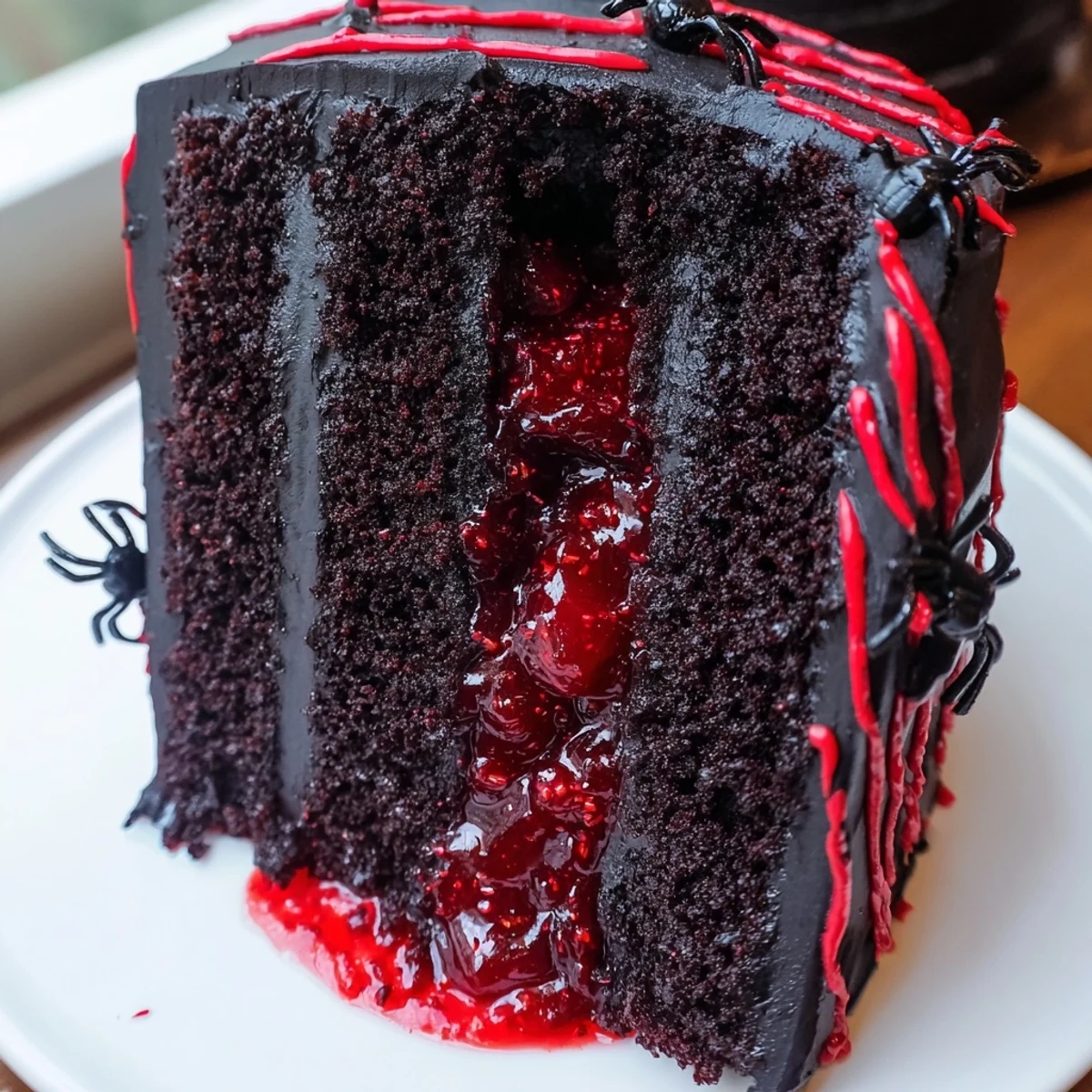 A dark chocolate Black Widow Cake with glossy black ganache dripping over rich layers