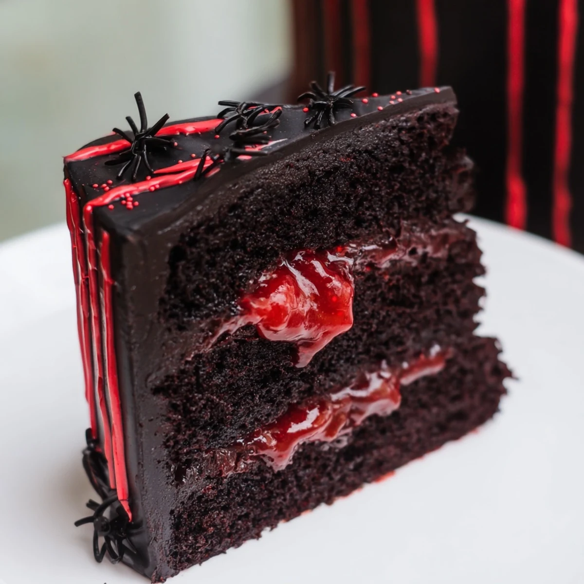 Sliced Black Widow Cake revealing a bright red cherry compote center on a plate