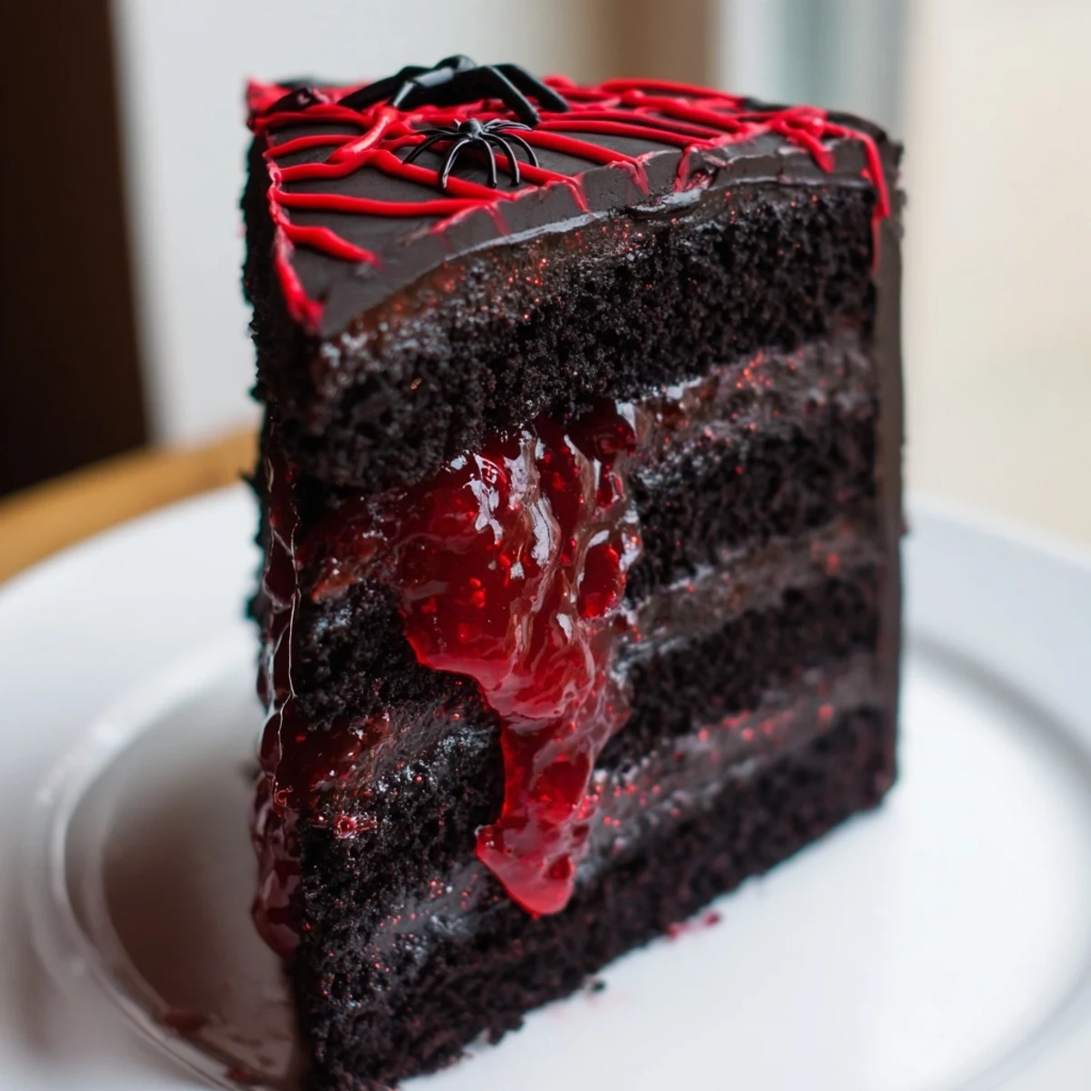 Black Widow Cake decorated with red vein patterns and edible spiders for Halloween celebrations