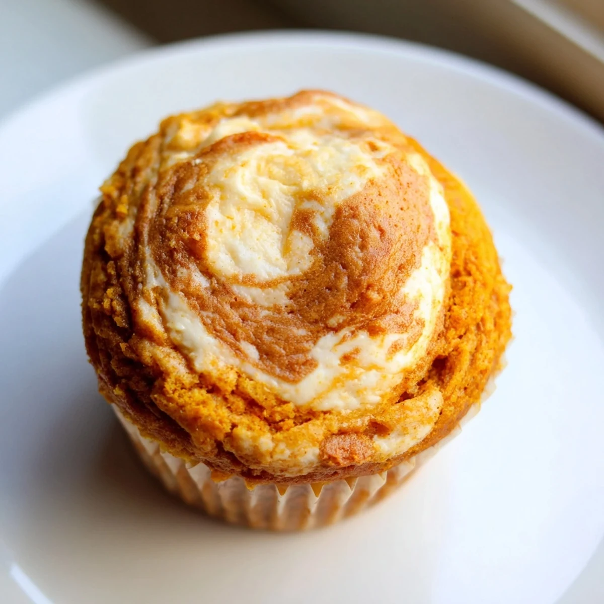 Golden chai pumpkin cheesecake muffins with swirled spiced cream cheese filling on rustic parchment