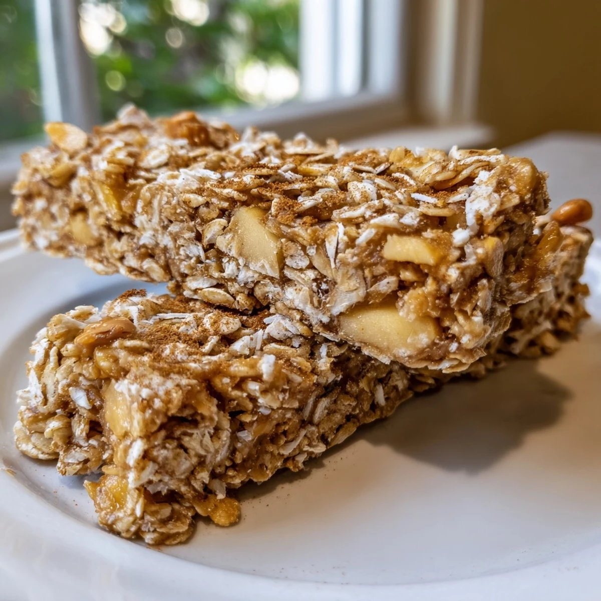 Thick No Bake Apple Peanut Butter Granola Bars sliced and stacked on a rustic wooden board